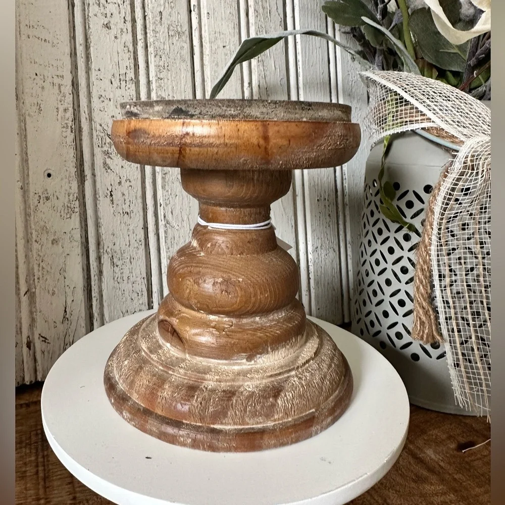 Pair of Rustic Wood Pillar Candle Stick - Picture 3 of 5